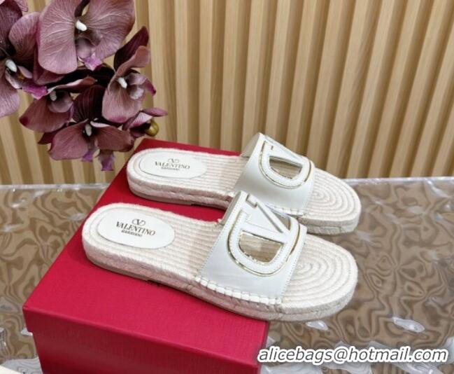 Good Product Valentino VLogo Cut-out Espadrille Flat Slides Sandal in Calfskin White 612119