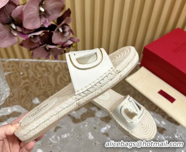 Good Product Valentino VLogo Cut-out Espadrille Flat Slides Sandal in Calfskin White 612119