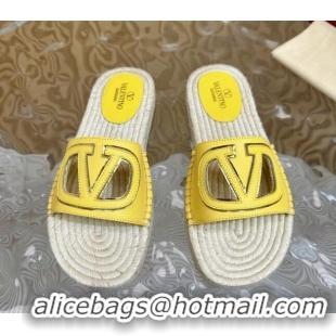 Pretty Style Valentino VLogo Cut-out Espadrille Flat Slides Sandal in Calfskin Yellow 612120