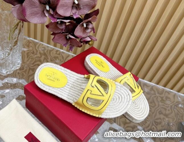 Pretty Style Valentino VLogo Cut-out Espadrille Flat Slides Sandal in Calfskin Yellow 612120