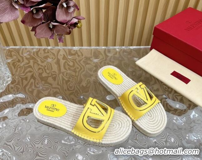 Pretty Style Valentino VLogo Cut-out Espadrille Flat Slides Sandal in Calfskin Yellow 612120