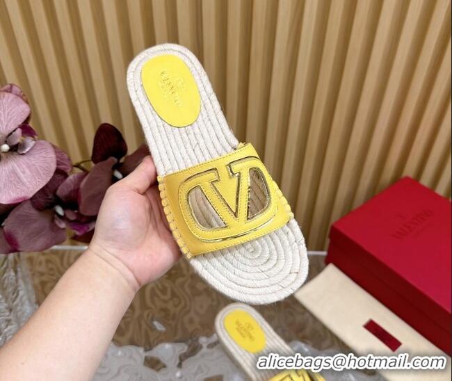 Pretty Style Valentino VLogo Cut-out Espadrille Flat Slides Sandal in Calfskin Yellow 612120