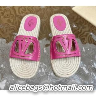 Best Grade Valentino VLogo Cut-out Espadrille Flat Slides Sandal in Calfskin Dark Pink 612121