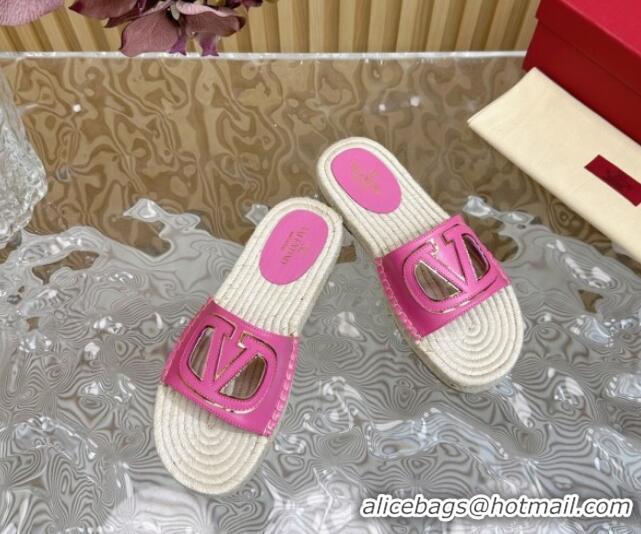 Best Grade Valentino VLogo Cut-out Espadrille Flat Slides Sandal in Calfskin Dark Pink 612121