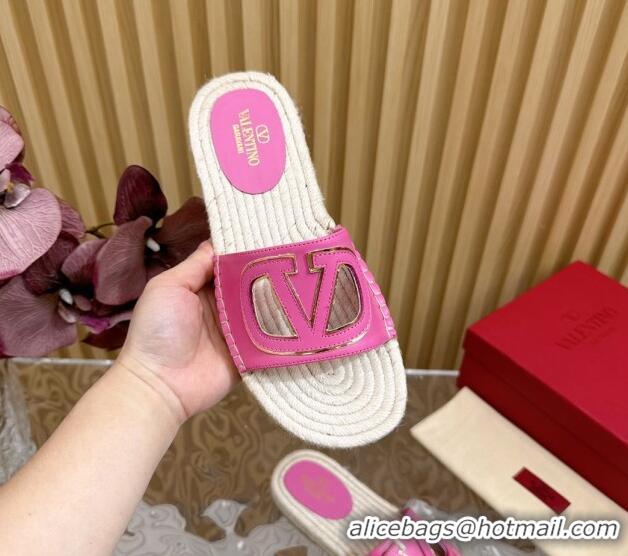 Best Grade Valentino VLogo Cut-out Espadrille Flat Slides Sandal in Calfskin Dark Pink 612121