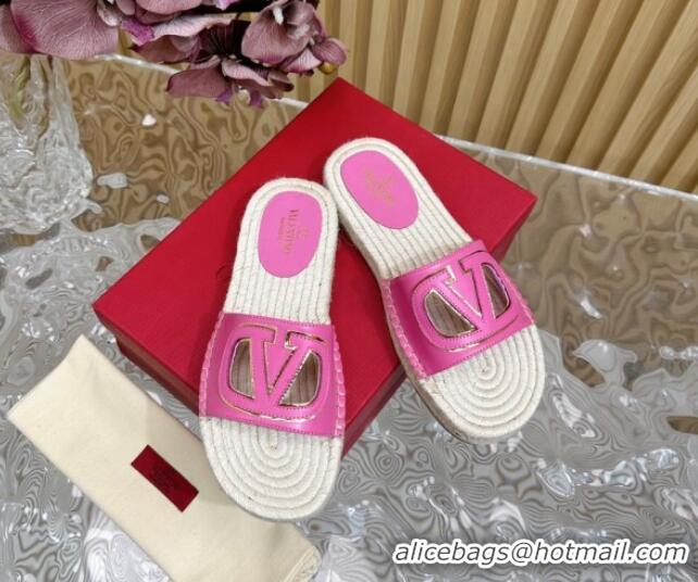 Best Grade Valentino VLogo Cut-out Espadrille Flat Slides Sandal in Calfskin Dark Pink 612121