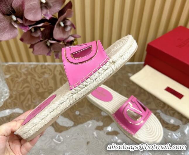 Best Grade Valentino VLogo Cut-out Espadrille Flat Slides Sandal in Calfskin Dark Pink 612121