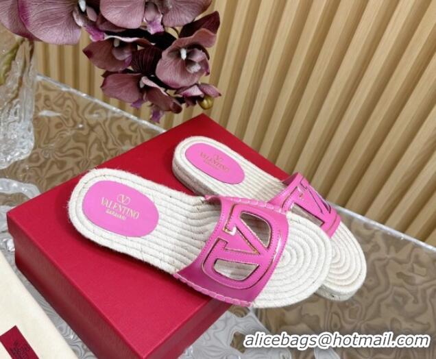 Best Grade Valentino VLogo Cut-out Espadrille Flat Slides Sandal in Calfskin Dark Pink 612121