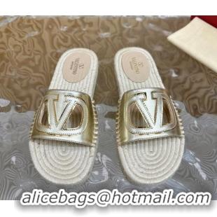 Best Price Valentino VLogo Cut-out Espadrille Flat Slides Sandal in Calfskin Gold 612122