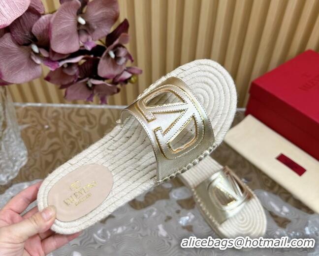 Best Price Valentino VLogo Cut-out Espadrille Flat Slides Sandal in Calfskin Gold 612122