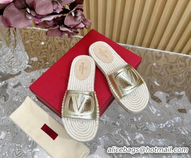 Best Price Valentino VLogo Cut-out Espadrille Flat Slides Sandal in Calfskin Gold 612122