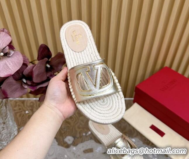 Best Price Valentino VLogo Cut-out Espadrille Flat Slides Sandal in Calfskin Gold 612122