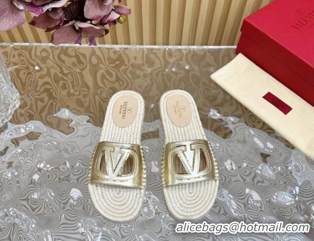 Best Price Valentino VLogo Cut-out Espadrille Flat Slides Sandal in Calfskin Gold 612122