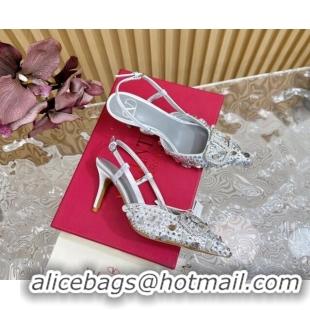 Purchase Valentino VLogo Slingback Pumps 8cm in Satin with Sequins and Strass Silver 612123