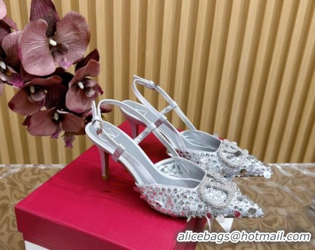 Purchase Valentino VLogo Slingback Pumps 8cm in Satin with Sequins and Strass Silver 612123