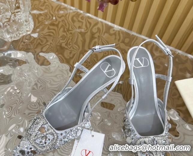 Purchase Valentino VLogo Slingback Pumps 8cm in Satin with Sequins and Strass Silver 612123