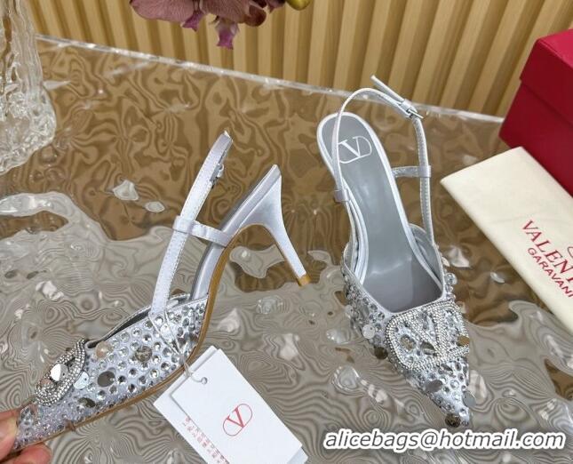 Purchase Valentino VLogo Slingback Pumps 8cm in Satin with Sequins and Strass Silver 612123