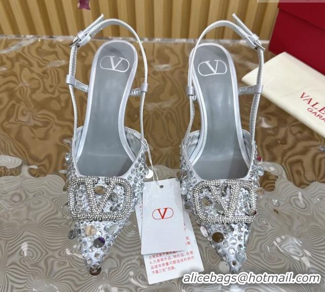 Purchase Valentino VLogo Slingback Pumps 8cm in Satin with Sequins and Strass Silver 612123