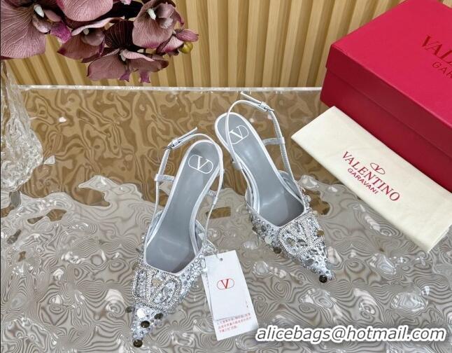 Purchase Valentino VLogo Slingback Pumps 8cm in Satin with Sequins and Strass Silver 612123