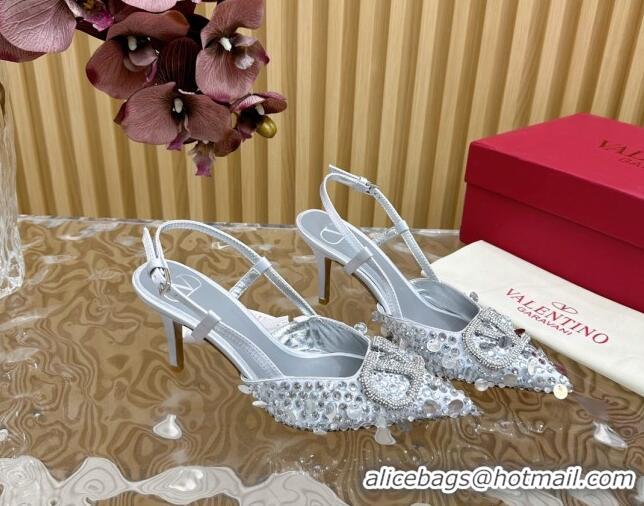 Purchase Valentino VLogo Slingback Pumps 8cm in Satin with Sequins and Strass Silver 612123