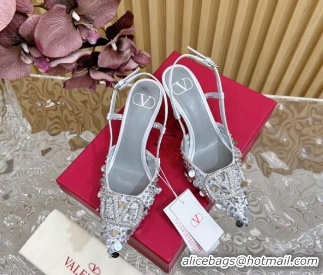 Purchase Valentino VLogo Slingback Pumps 8cm in Satin with Sequins and Strass Silver 612123