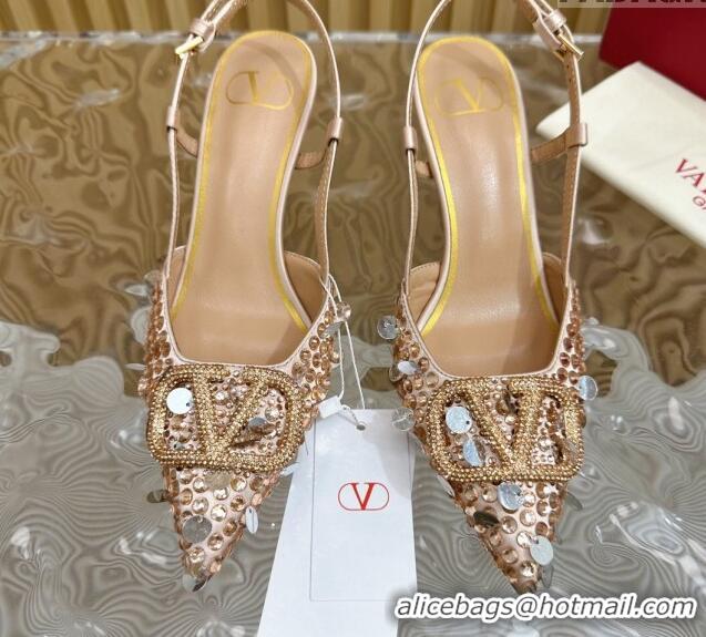 Good Quality Valentino VLogo Slingback Pumps 8cm in Satin with Sequins and Strass Gold 612124