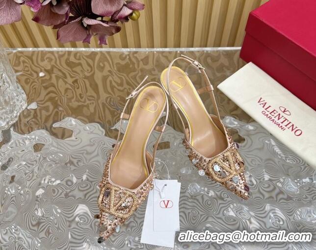 Good Quality Valentino VLogo Slingback Pumps 8cm in Satin with Sequins and Strass Gold 612124