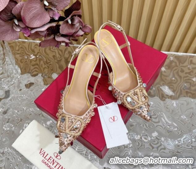 Good Quality Valentino VLogo Slingback Pumps 8cm in Satin with Sequins and Strass Gold 612124