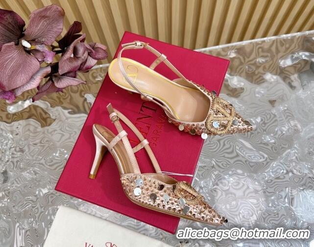 Good Quality Valentino VLogo Slingback Pumps 8cm in Satin with Sequins and Strass Gold 612124