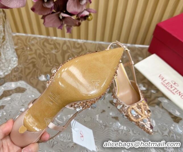 Good Quality Valentino VLogo Slingback Pumps 8cm in Satin with Sequins and Strass Gold 612124