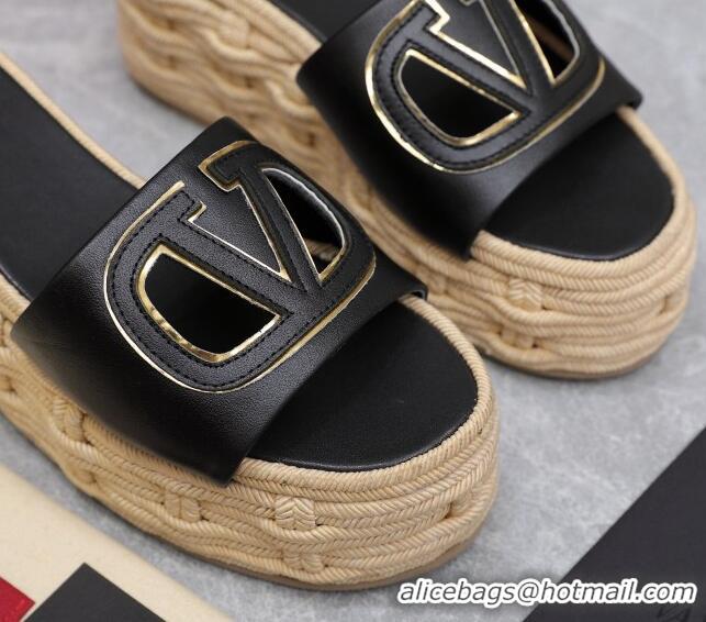 Good Looking Valentino VLogo Cut-out Wedge Sandals 8.5cm in Calfskin and Rope Black 612125