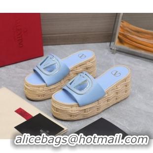 Grade Quality Valentino VLogo Cut-out Wedge Sandals 8.5cm in Calfskin and Rope Light Blue 612127