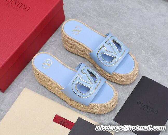 Grade Quality Valentino VLogo Cut-out Wedge Sandals 8.5cm in Calfskin and Rope Light Blue 612127