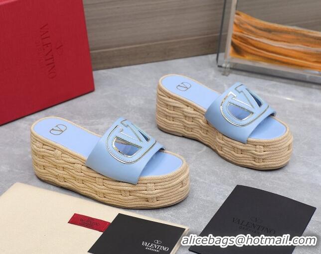 Grade Quality Valentino VLogo Cut-out Wedge Sandals 8.5cm in Calfskin and Rope Light Blue 612127