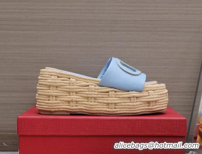 Grade Quality Valentino VLogo Cut-out Wedge Sandals 8.5cm in Calfskin and Rope Light Blue 612127