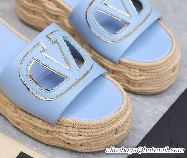 Grade Quality Valentino VLogo Cut-out Wedge Sandals 8.5cm in Calfskin and Rope Light Blue 612127