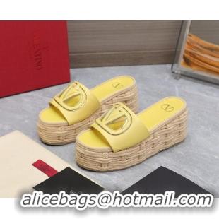 Top Grade Valentino VLogo Cut-out Wedge Sandals 8.5cm in Calfskin and Rope Yellow 612128