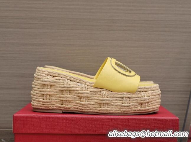 Top Grade Valentino VLogo Cut-out Wedge Sandals 8.5cm in Calfskin and Rope Yellow 612128