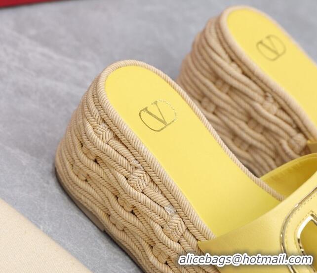 Top Grade Valentino VLogo Cut-out Wedge Sandals 8.5cm in Calfskin and Rope Yellow 612128