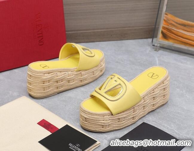 Top Grade Valentino VLogo Cut-out Wedge Sandals 8.5cm in Calfskin and Rope Yellow 612128