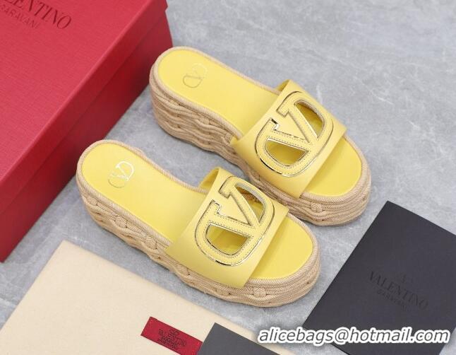 Top Grade Valentino VLogo Cut-out Wedge Sandals 8.5cm in Calfskin and Rope Yellow 612128