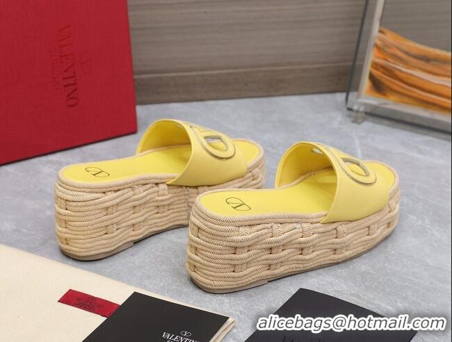 Top Grade Valentino VLogo Cut-out Wedge Sandals 8.5cm in Calfskin and Rope Yellow 612128