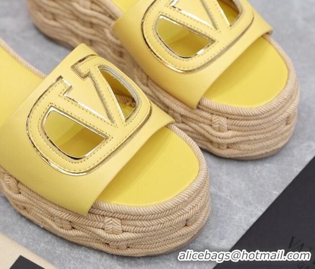 Top Grade Valentino VLogo Cut-out Wedge Sandals 8.5cm in Calfskin and Rope Yellow 612128