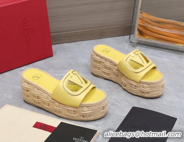 Top Grade Valentino VLogo Cut-out Wedge Sandals 8.5cm in Calfskin and Rope Yellow 612128