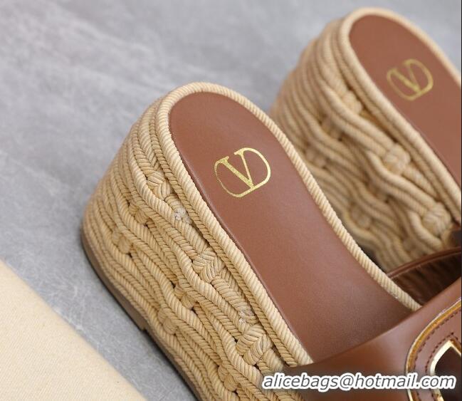 Low Price Valentino VLogo Cut-out Wedge Sandals 8.5cm in Calfskin and Rope Brown 612129