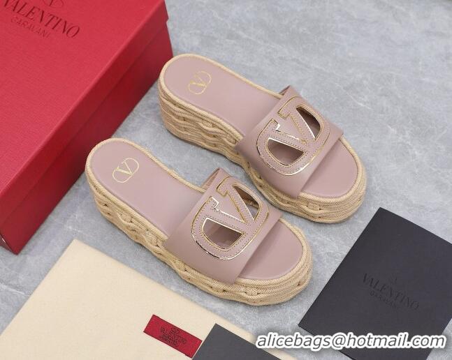 Stylish Valentino VLogo Cut-out Wedge Sandals 8.5cm in Calfskin and Rope Light Pink 612131