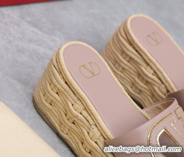 Stylish Valentino VLogo Cut-out Wedge Sandals 8.5cm in Calfskin and Rope Light Pink 612131