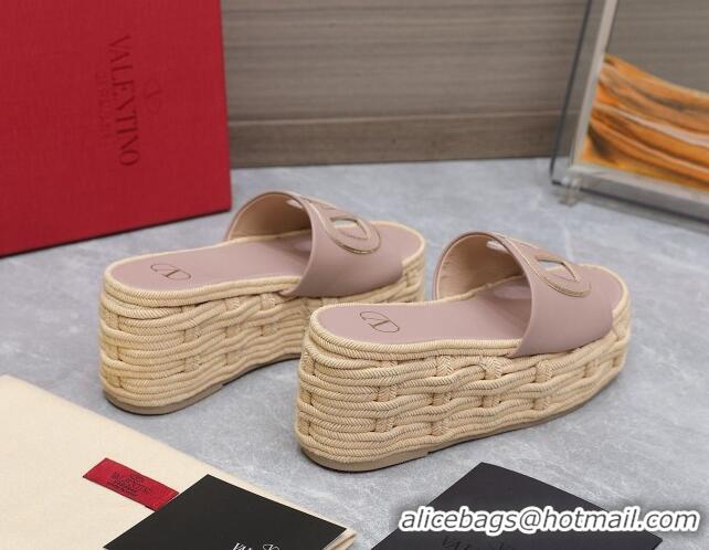 Stylish Valentino VLogo Cut-out Wedge Sandals 8.5cm in Calfskin and Rope Light Pink 612131