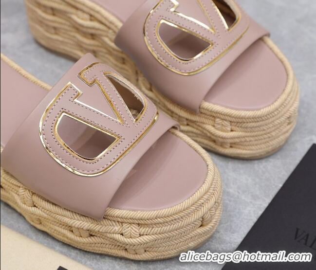 Stylish Valentino VLogo Cut-out Wedge Sandals 8.5cm in Calfskin and Rope Light Pink 612131