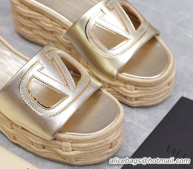 Buy Luxury Valentino VLogo Cut-out Wedge Sandals 8.5cm in Calfskin and Rope Gold 612132